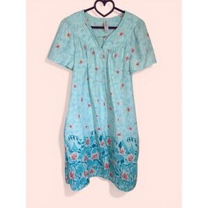 Vtg White Stag Quilted Nightgown M Blue Floral Snap Front Pocket House Dress